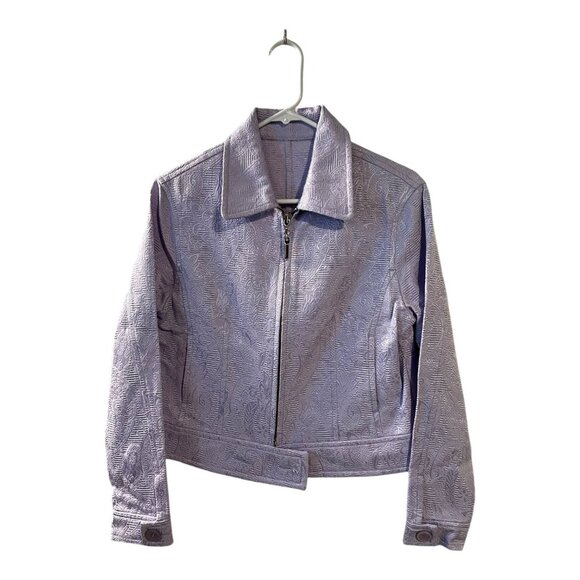 Beliza Violet Glaze Embossed Vintage Floral Zip Light Weight Moto Jacket - Picture 1 of 5